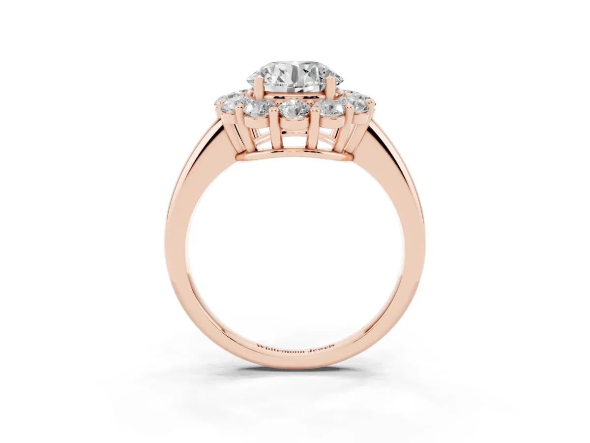 Round Cut Halo Cluster Diamond Engagement Ring with Prong Setting and Polished Band Rose gold