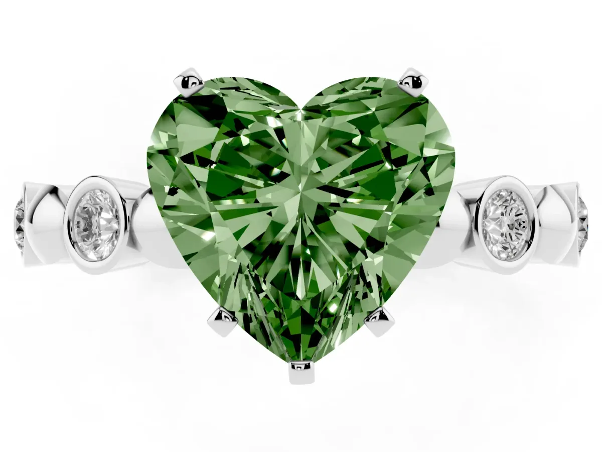 Fancy Green Heart Cut Solitaire Bezel-Set Diamond Ring with Beaded Band and Four-Prong Setting Silver