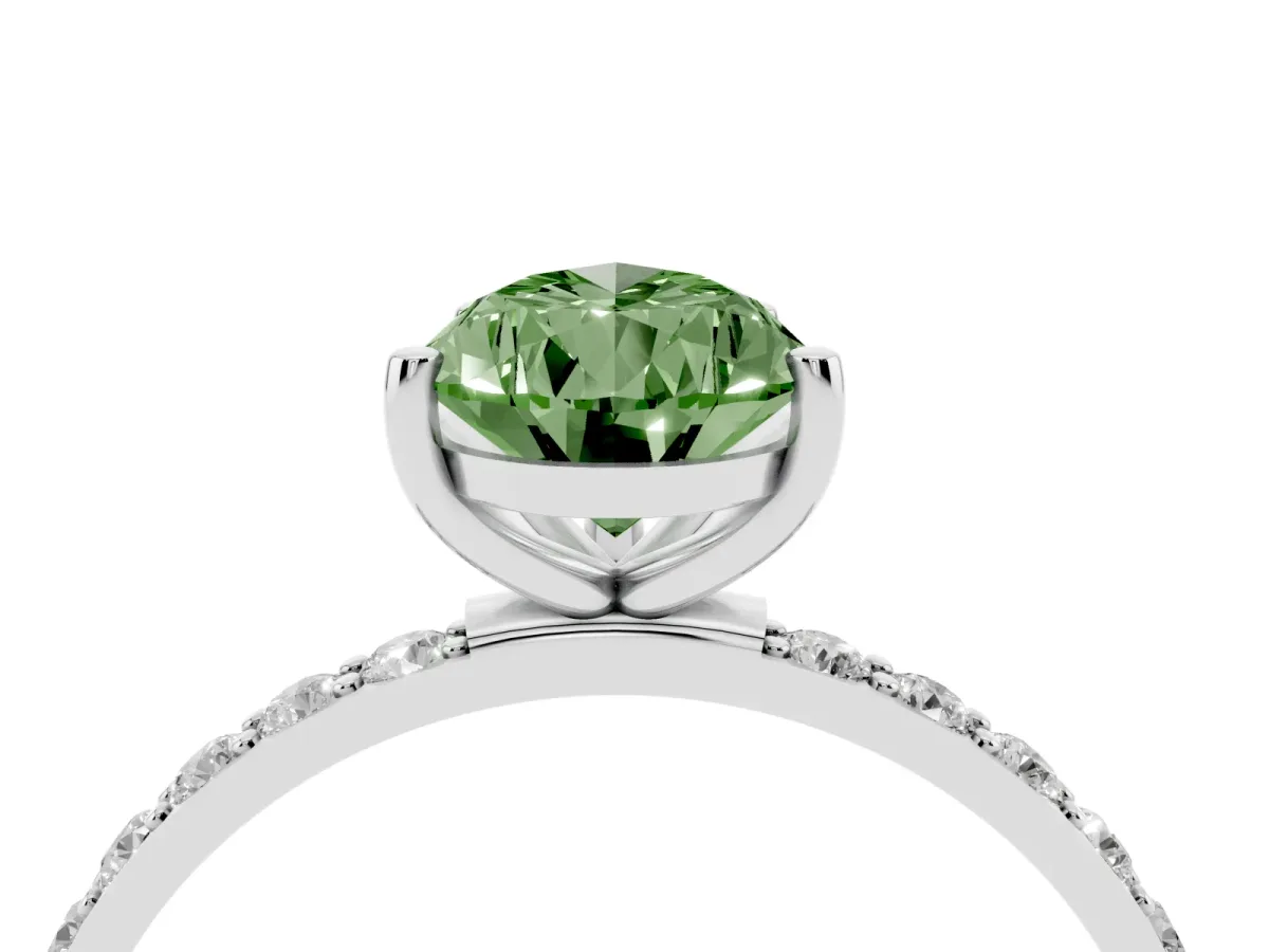 Fancy Green Pear Cut Diamond Solitaire Ring with Round Pavé Shoulders and Prong Setting Silver