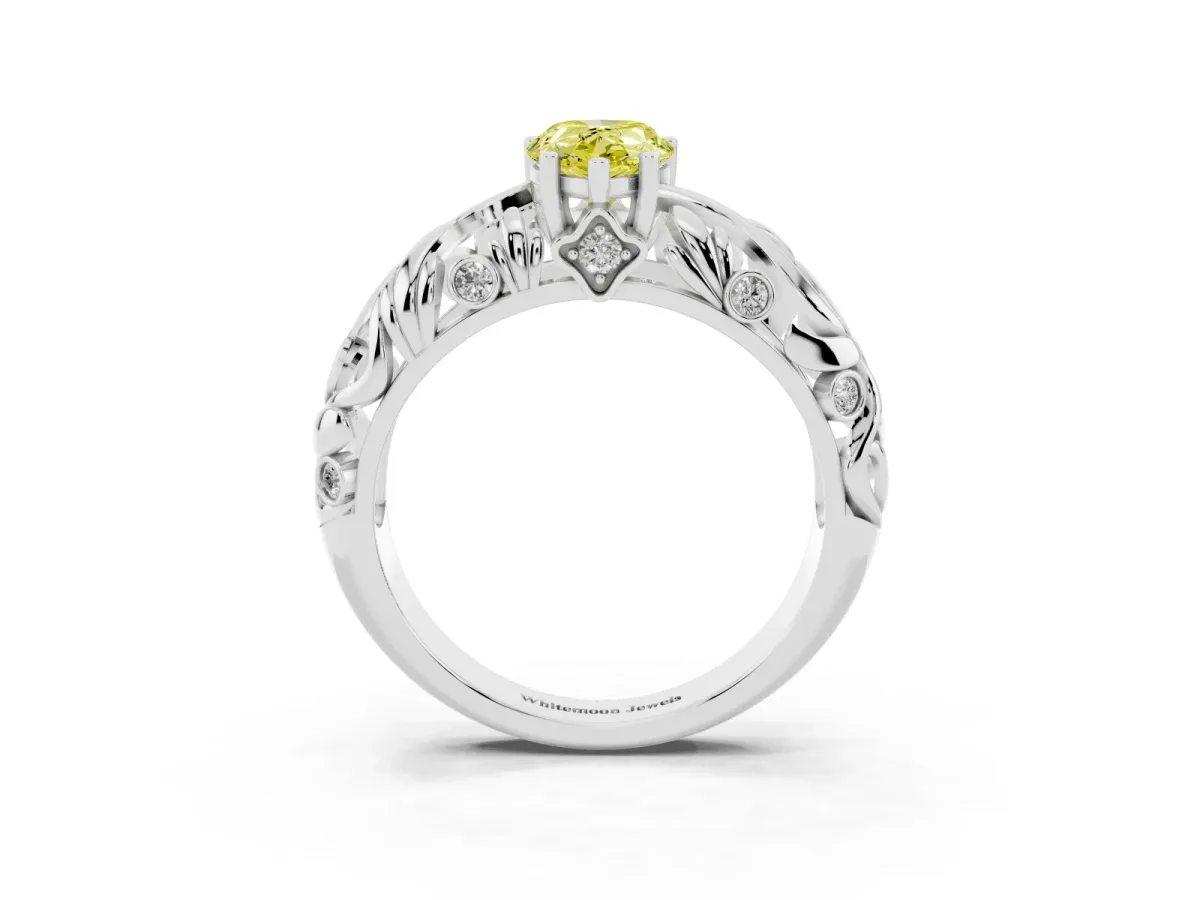 Fancy Yellow Pear Cut Solitaire Diamond Leaf-Inspired Vine Band Ring with Prong Setting Silver