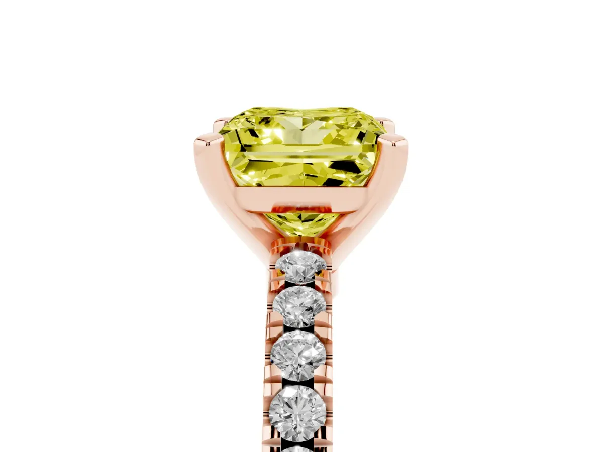 Fancy Yellow Princess Cut Solitaire Diamond with Pavé Band and Four-Prong Setting Rose gold
