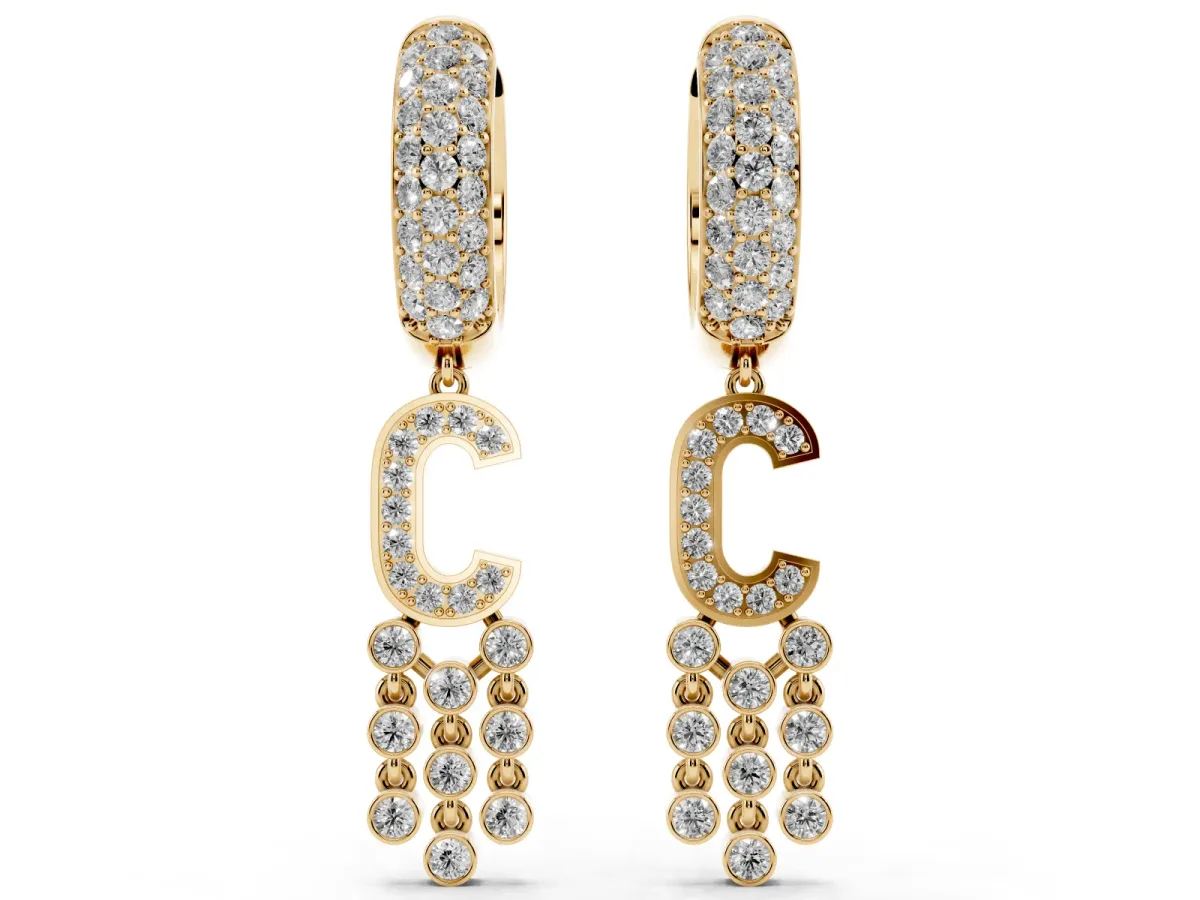Round Diamond Initial C Huggie Hoop Earrings Yellow gold