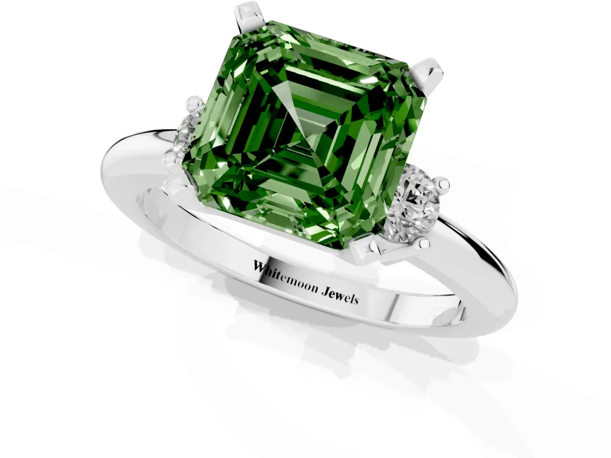 Fancy Green Three-Stone Asscher Cut Cut Diamond Solitaire with Prong Setting and Classic Band Silver