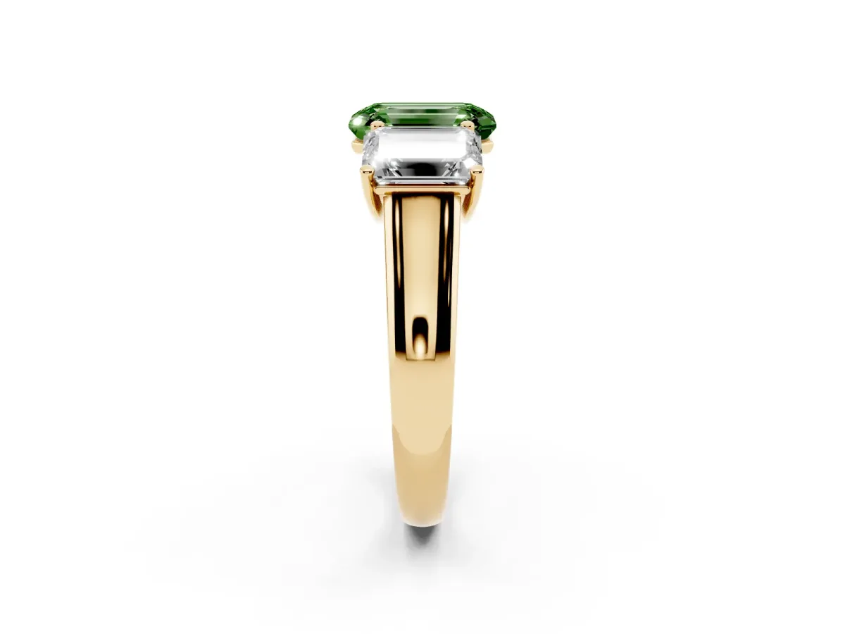 Fancy Green Emerald Cut Three-Stone Diamond Ring with Prong Setting on a Classic Band Yellow gold