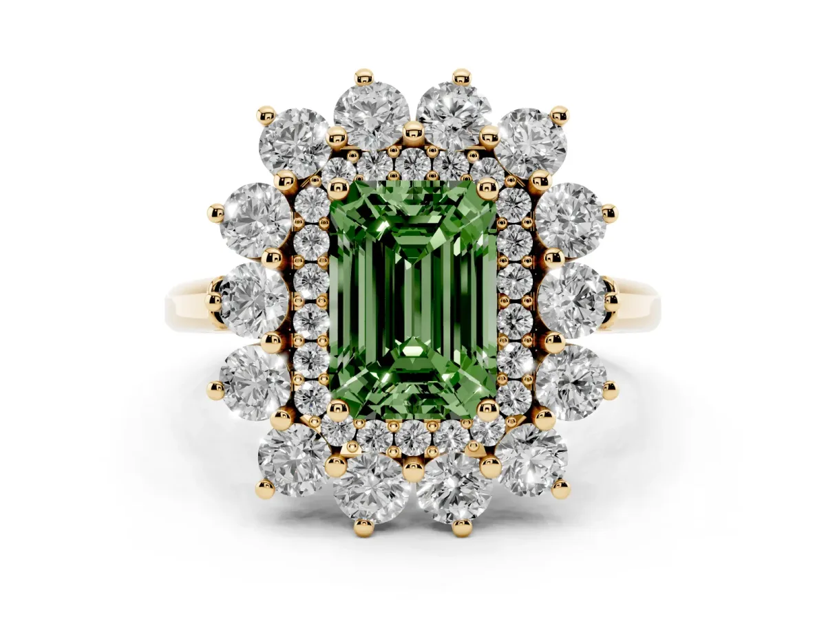 Fancy Green Emerald Cut Diamond Floral Double Halo Engagement Ring with Prong Setting Yellow gold