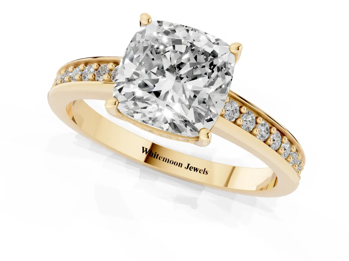 Cushion Cut Solitaire Pavé Band Prong Setting Ring Yellow gold