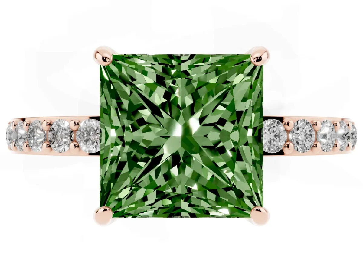 Fancy Green Princess Cut Diamond Pavé Engagement Ring with Round Accents and Prong Setting Rose gold