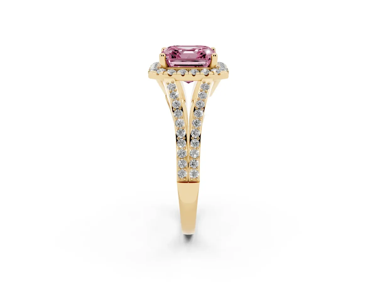 Fancy Pink Asscher Cut Halo Split Shank Diamond Ring with Prong Setting Yellow gold