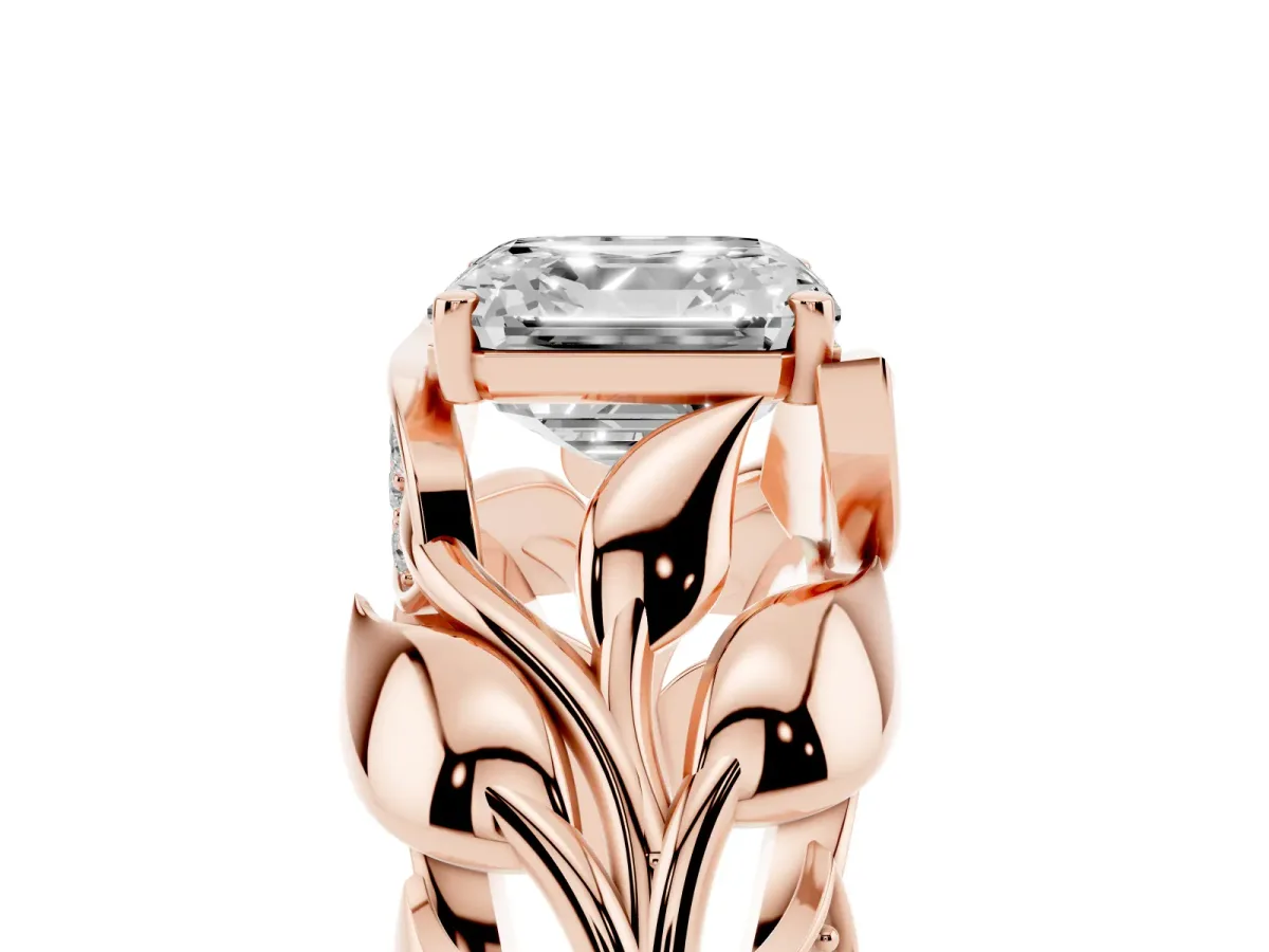 Asscher Cut Diamond Leaf-Inspired Engagement Ring with Round Accents and Prong Setting Rose gold
