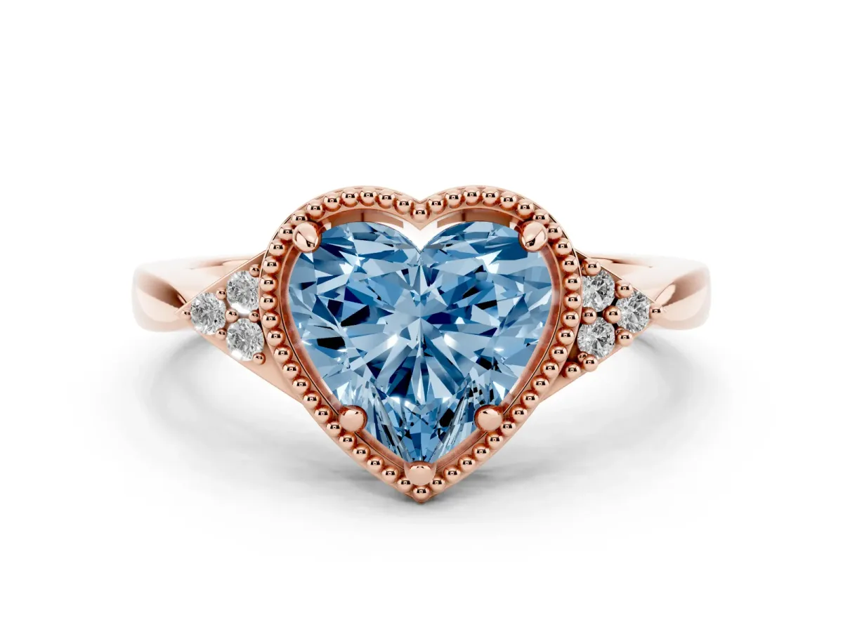 Fancy Blue Heart Cut Diamond Halo Ring with Tapered Band and Four-Prong Setting Rose gold