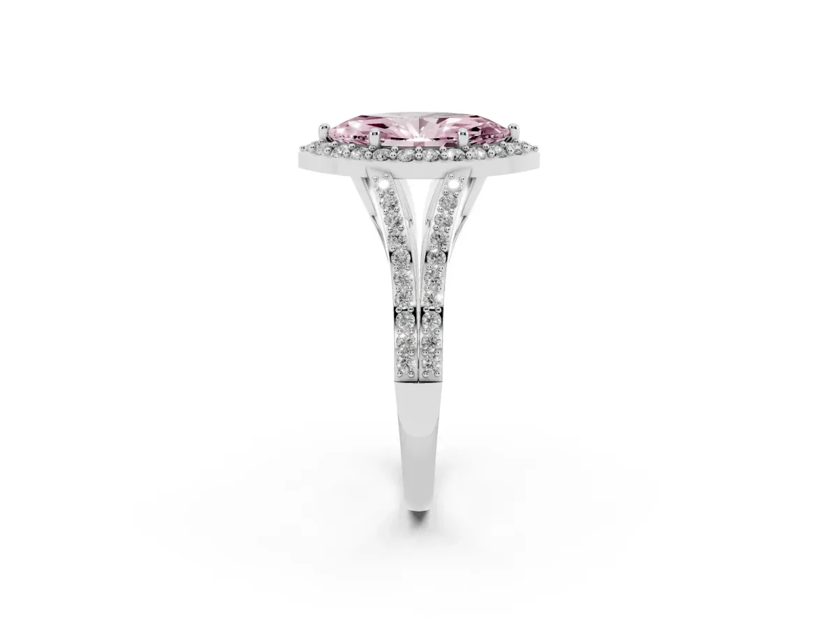 Fancy Pink Marquise Cut Halo Split Shank Diamond Ring with Prong Setting Platinum