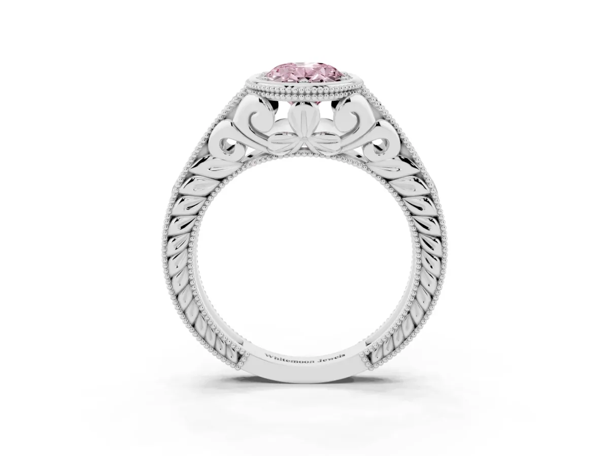 Fancy Pink Bezel Set Oval Cut Diamond Milgrain Pave Engagement Ring Silver