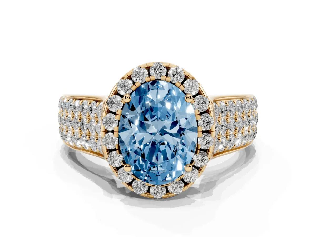 Fancy Blue Oval Cut Halo Round Diamond Pave Band with Prong Setting Yellow gold