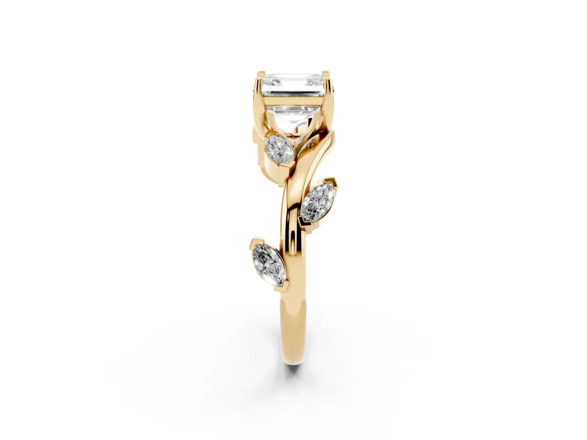 Asscher Cut Solitaire Twisted Band Marquise Accent Prong Setting Ring Yellow gold