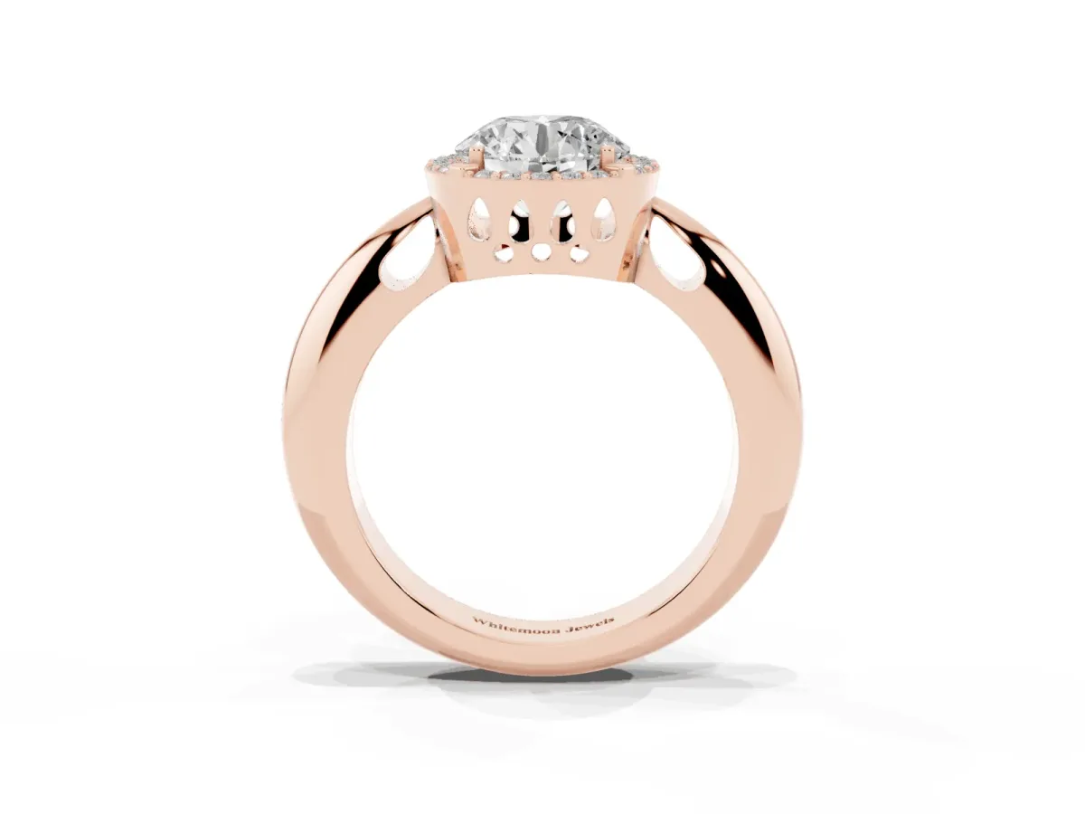 Round Cut Cut Diamond Halo Engagement Ring with Split Shank and Four-Prong Setting Rose gold