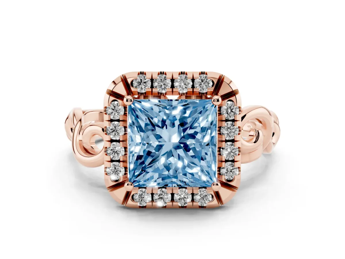 Fancy Blue Princess Cut Cut Halo Diamond Ring with Scrollwork Band and Four-Prong Setting Rose gold