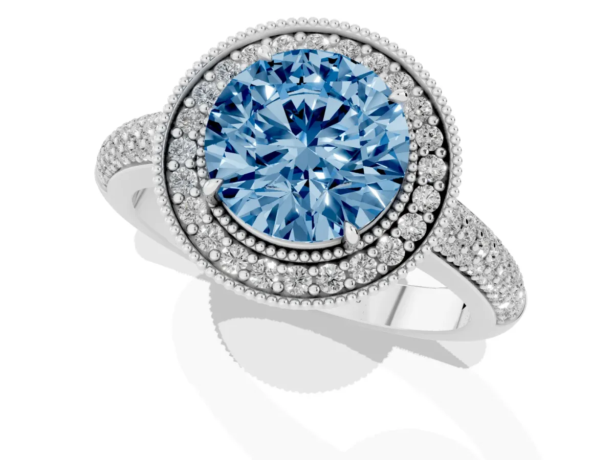Fancy Blue Round Cut Cut Halo Diamond Pave Band with Four-Prong Setting White gold