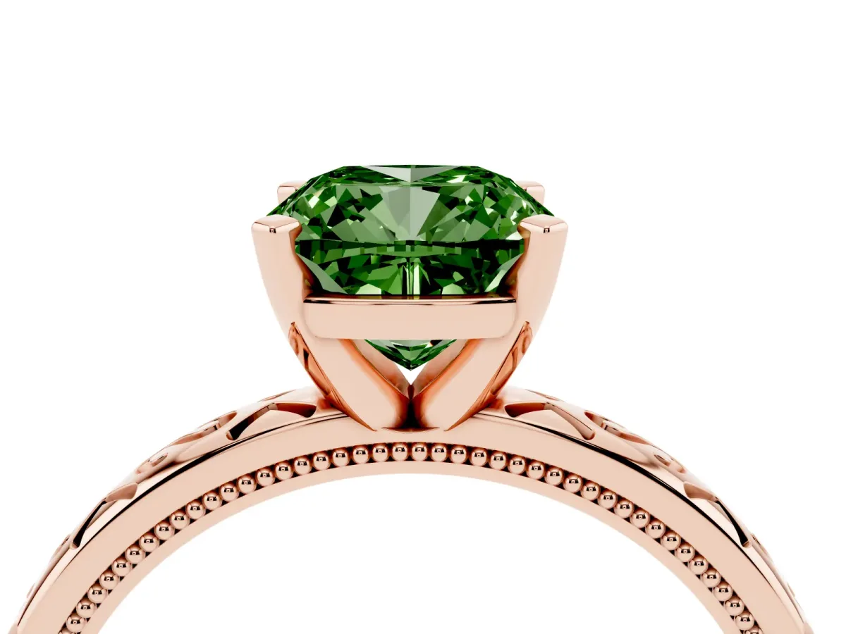 Fancy Green Cushion Cut Solitaire Engagement Ring with Scrollwork Band and Four-Prong Setting Rose gold