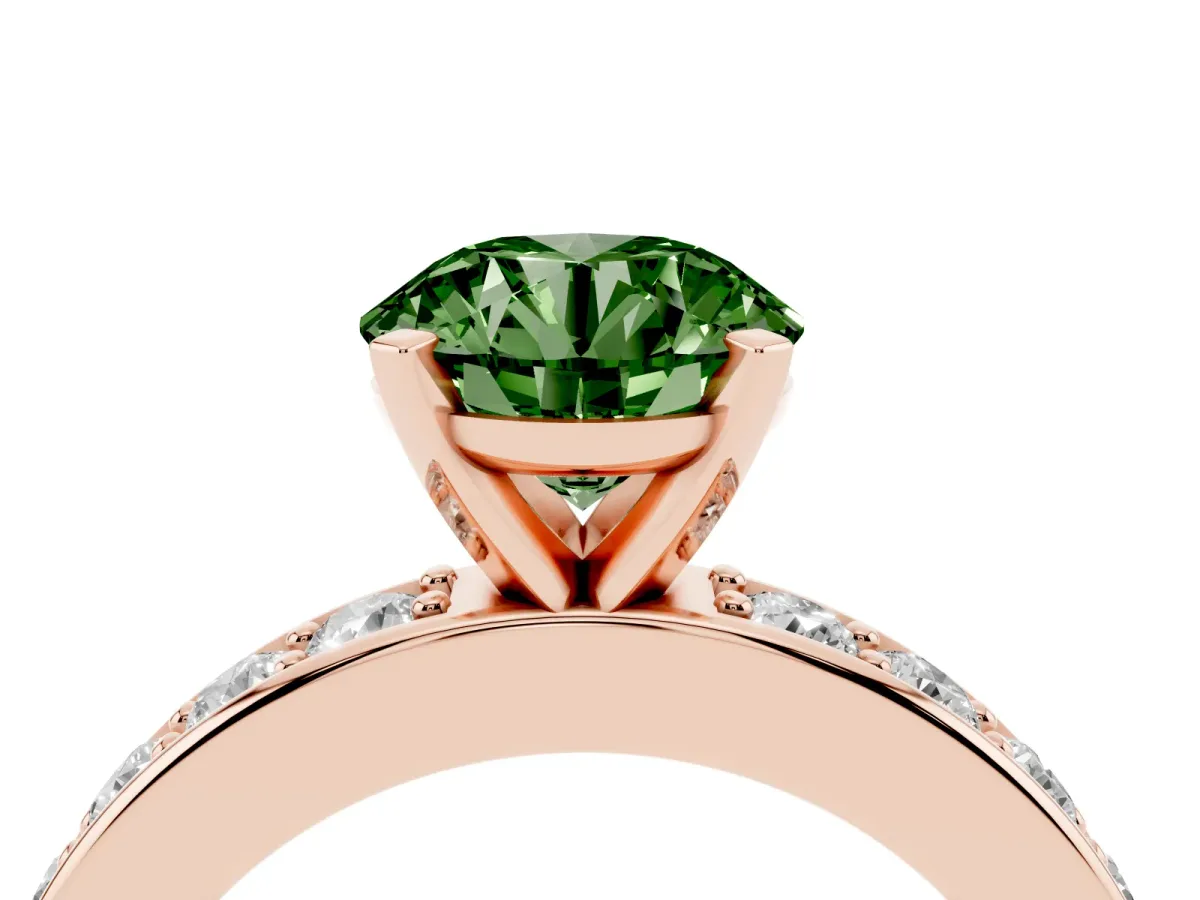 Fancy Green Round Cut Diamond Engagement Ring with Channel Set Round Band and Prong Setting Rose gold