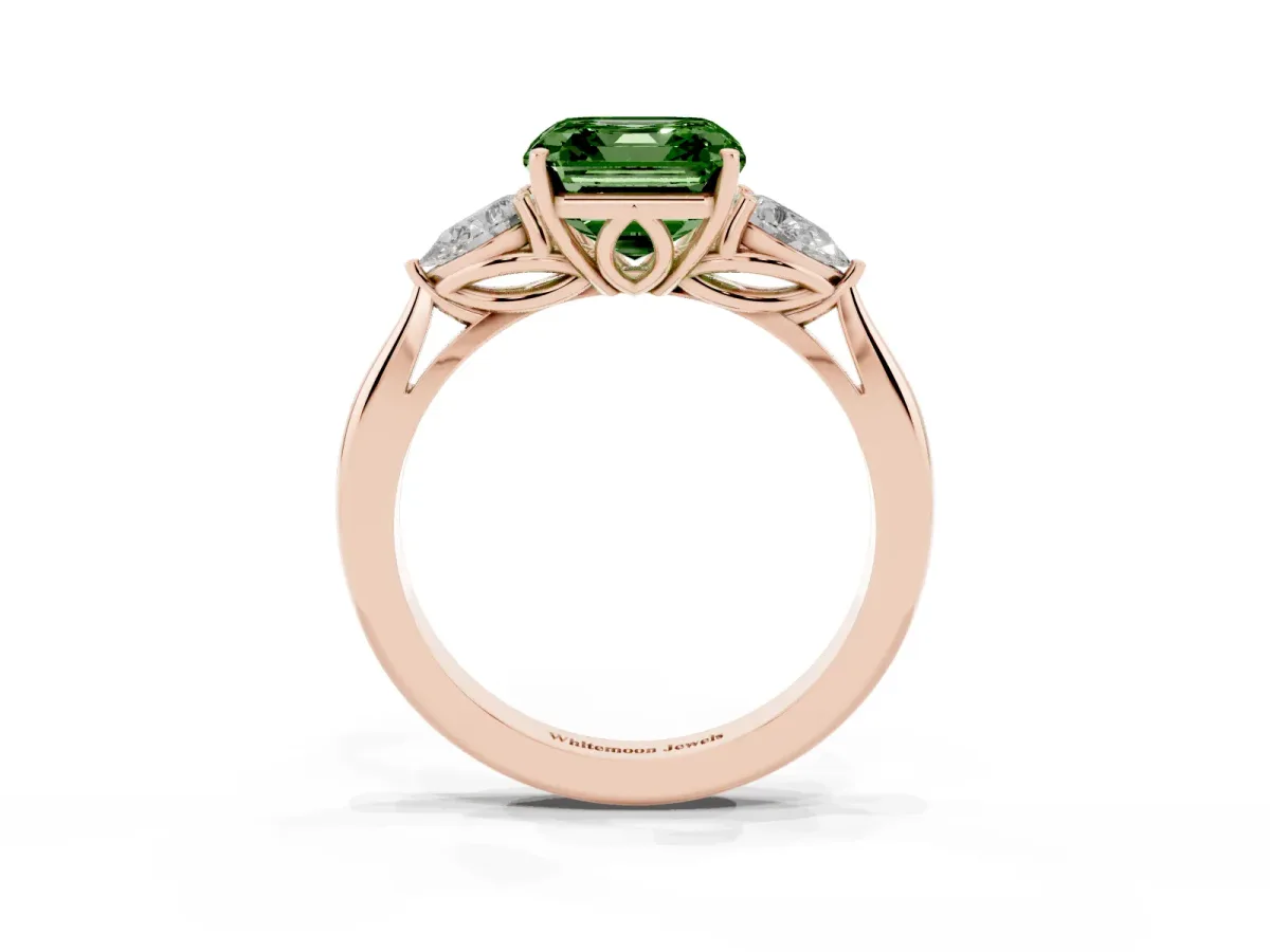 Fancy Green Three-Stone Asscher Cut Diamond Ring with Pear Side Stones in Four-Prong Setting Rose gold