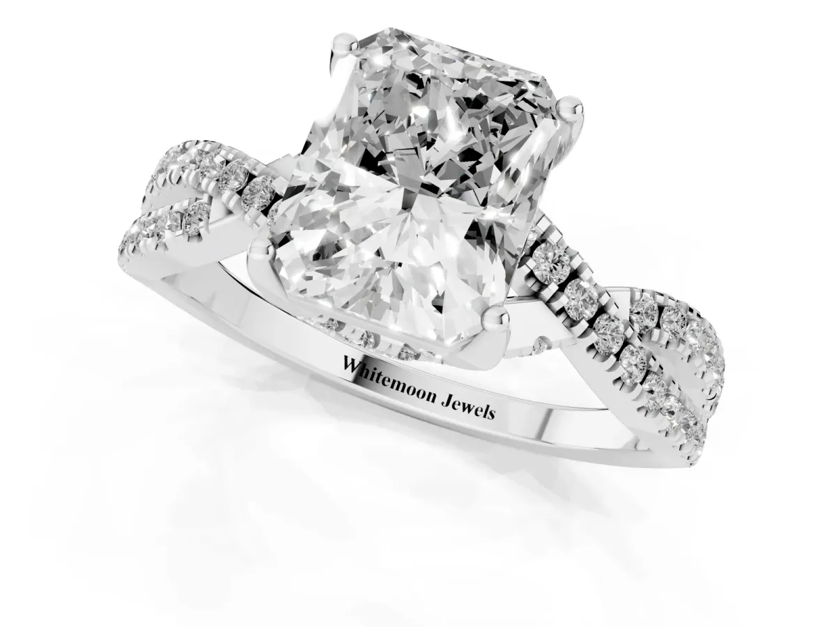Radiant Cut Solitaire Twist Pave Diamond Engagement Ring with Prong Setting Silver