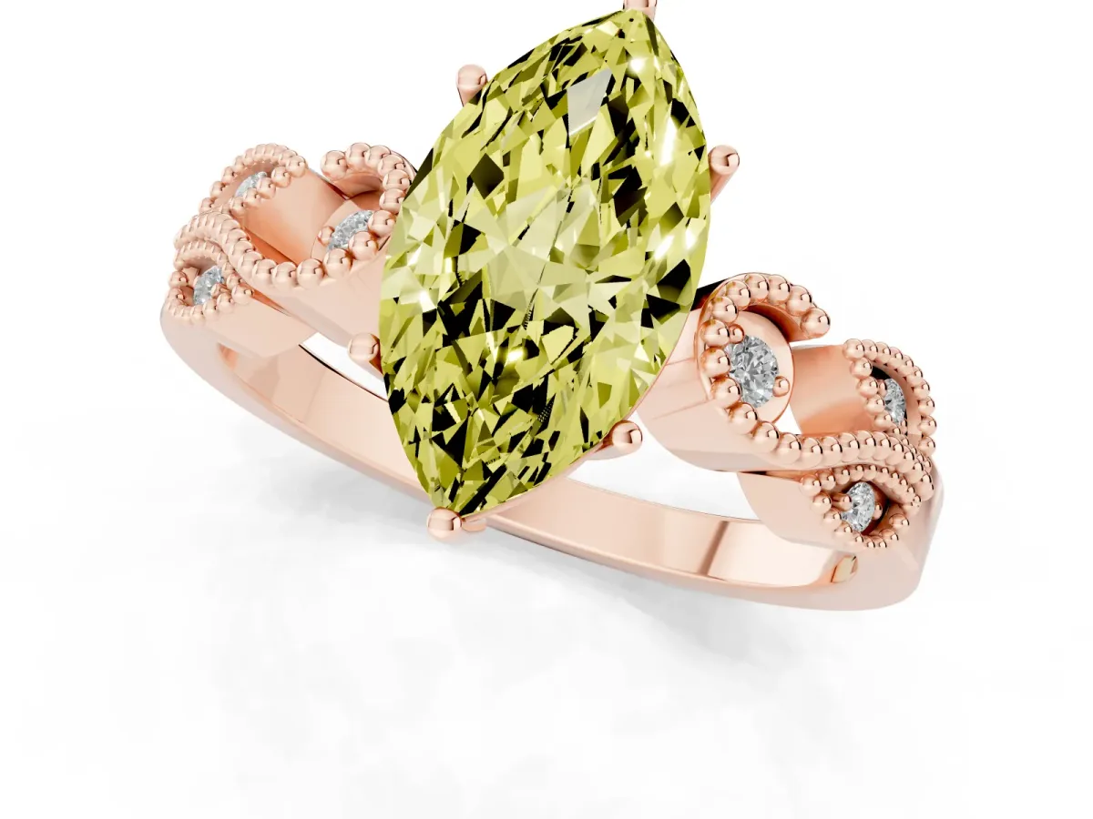 Fancy Yellow Marquise Cut Solitaire Milgrain Leaf Band with Prong Setting Rose gold