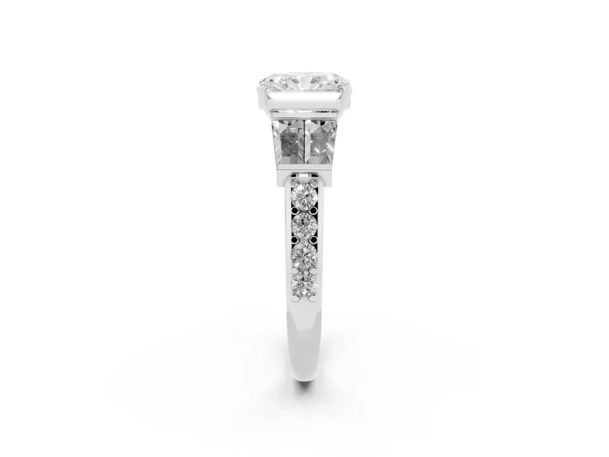 Radiant Cut Diamond Engagement Ring with Baguette Side Stones and Channel Set Band White gold