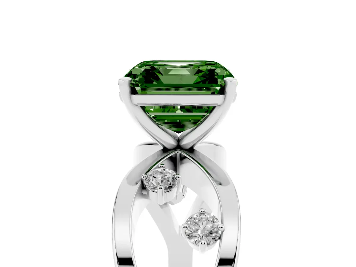 Fancy Green Asscher Cut Cut Solitaire Diamond with Side Stones on Criss-Cross Band and Four-Prong Setting Silver