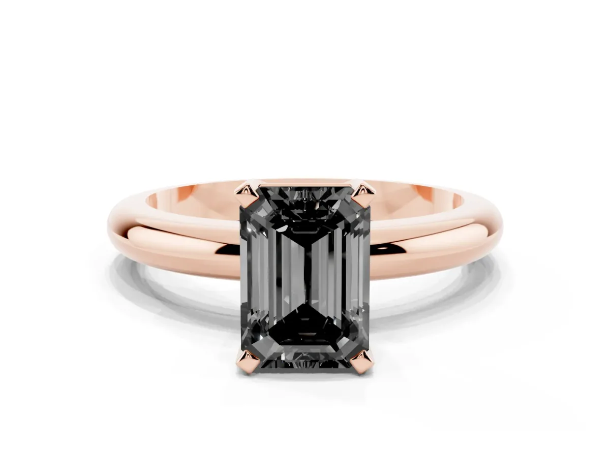 Fancy Black Emerald Cut Diamond Solitaire Engagement Ring with Round Band and Four-Prong Setting Rose gold