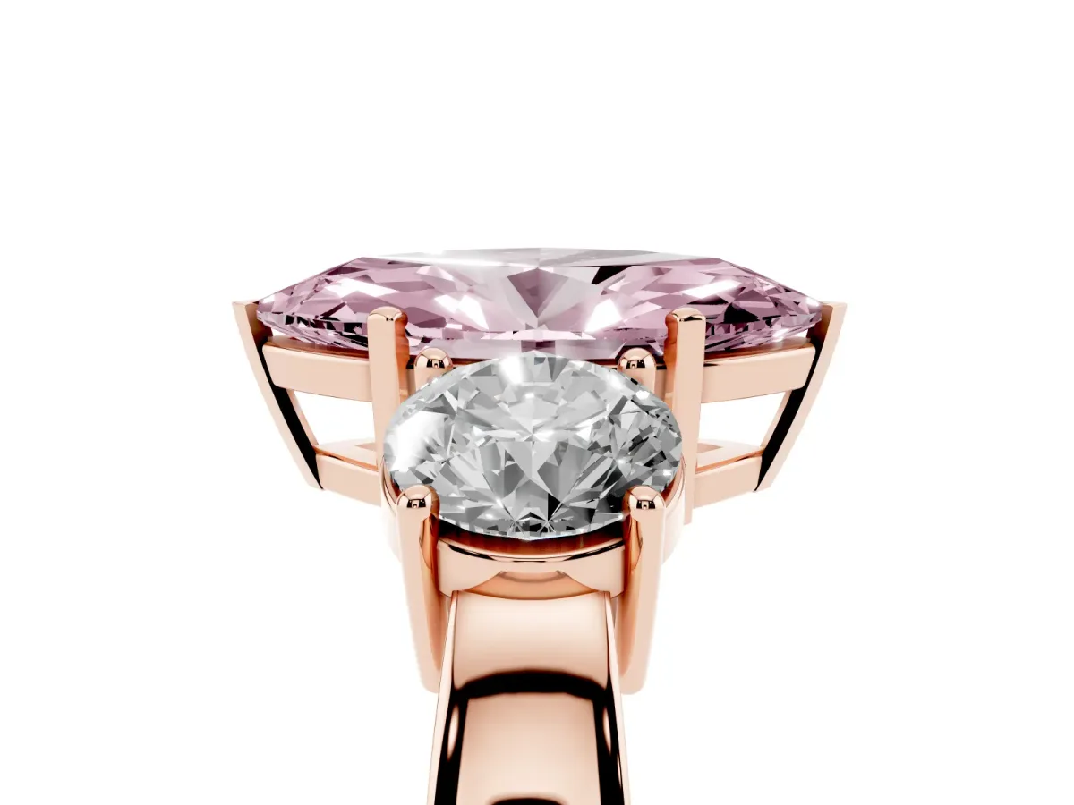 Fancy Pink Three-Stone Marquise Cut Diamond Ring with Round Side Stones, Classic Band, and Four-Prong Setting Rose gold