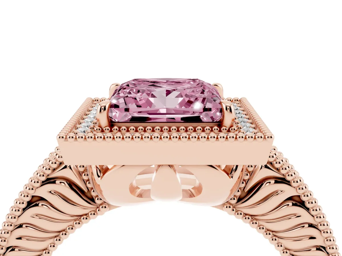 Fancy Pink Princess Cut Cut Halo Diamond Ring with Pavé Band and Four-Prong Setting Rose gold