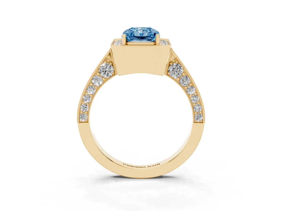 Fancy Blue Radiant Cut Halo Diamond Engagement Ring with Split Shank Band and Four-Prong Setting Yellow gold