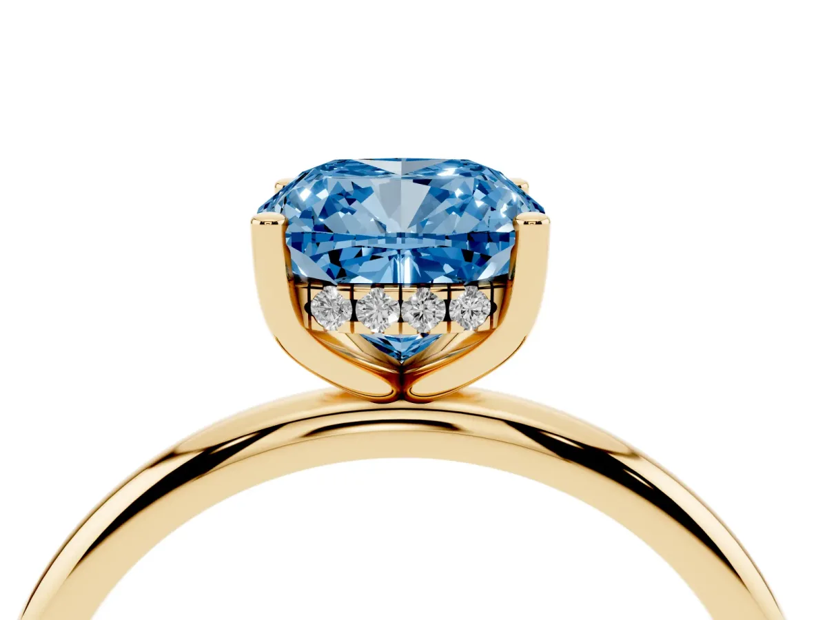 Fancy Blue Cushion Cut Cut Solitaire Engagement Ring with Four-Prong Setting and Classic Band Yellow gold