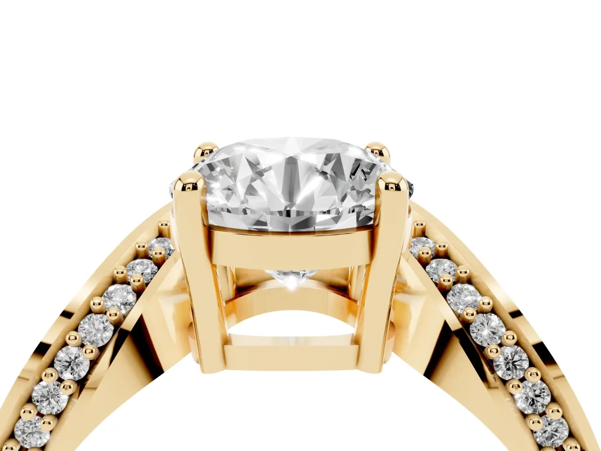 Round Cut Solitaire Diamond Engagement Ring with Pave Band and Four-Prong Setting Yellow gold