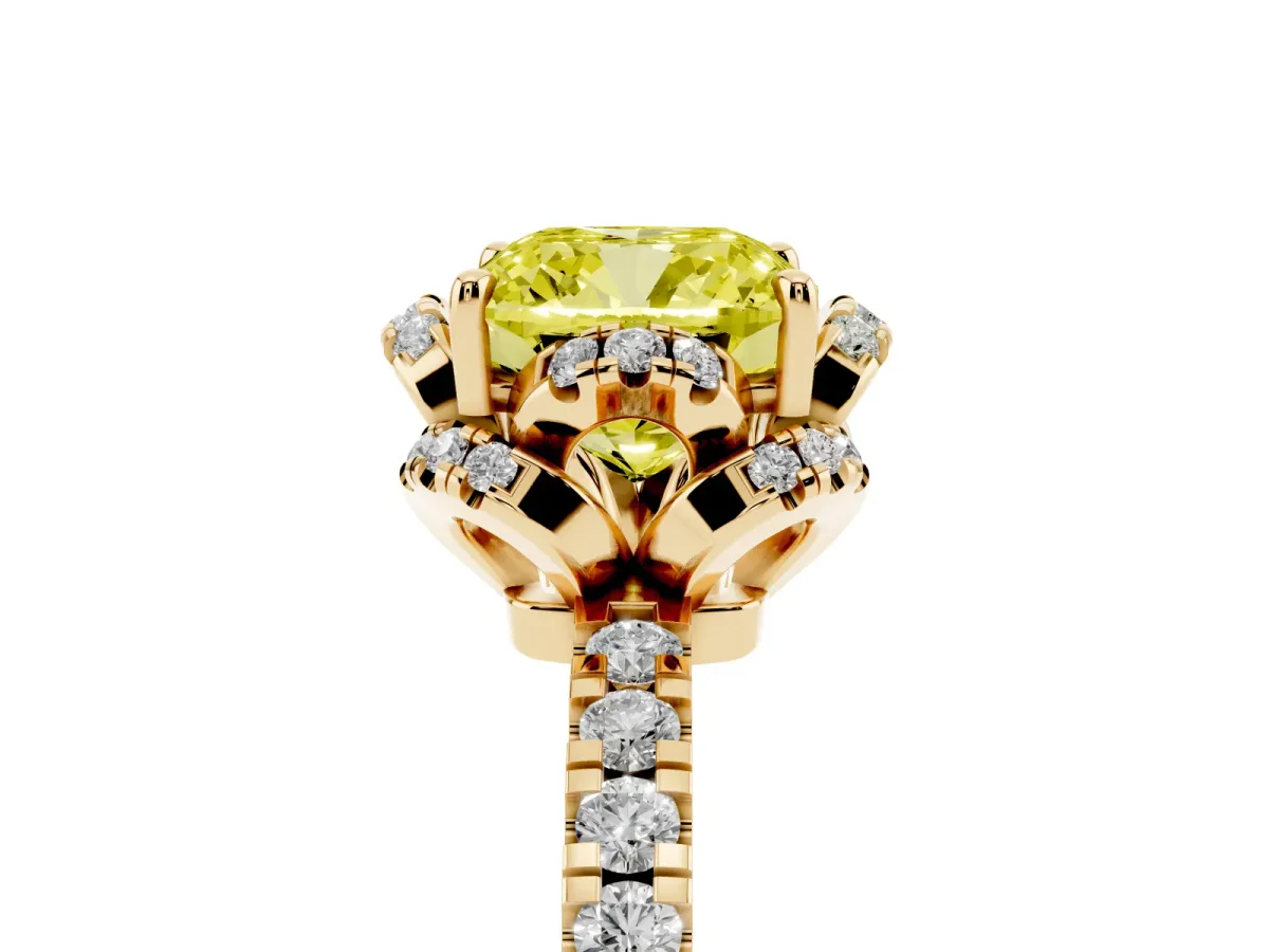 Fancy Yellow Cushion Cut Halo Diamond Pave Band Ring with Four-Prong Setting Yellow gold