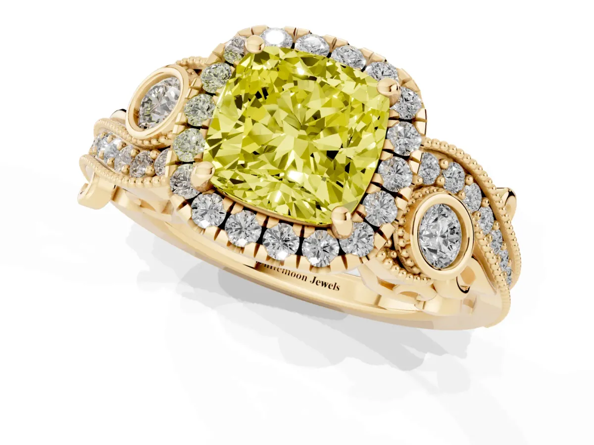 Fancy Yellow Cushion Cut Diamond Halo Ring with Milgrain Pavé Band and Four-Prong Setting Yellow gold