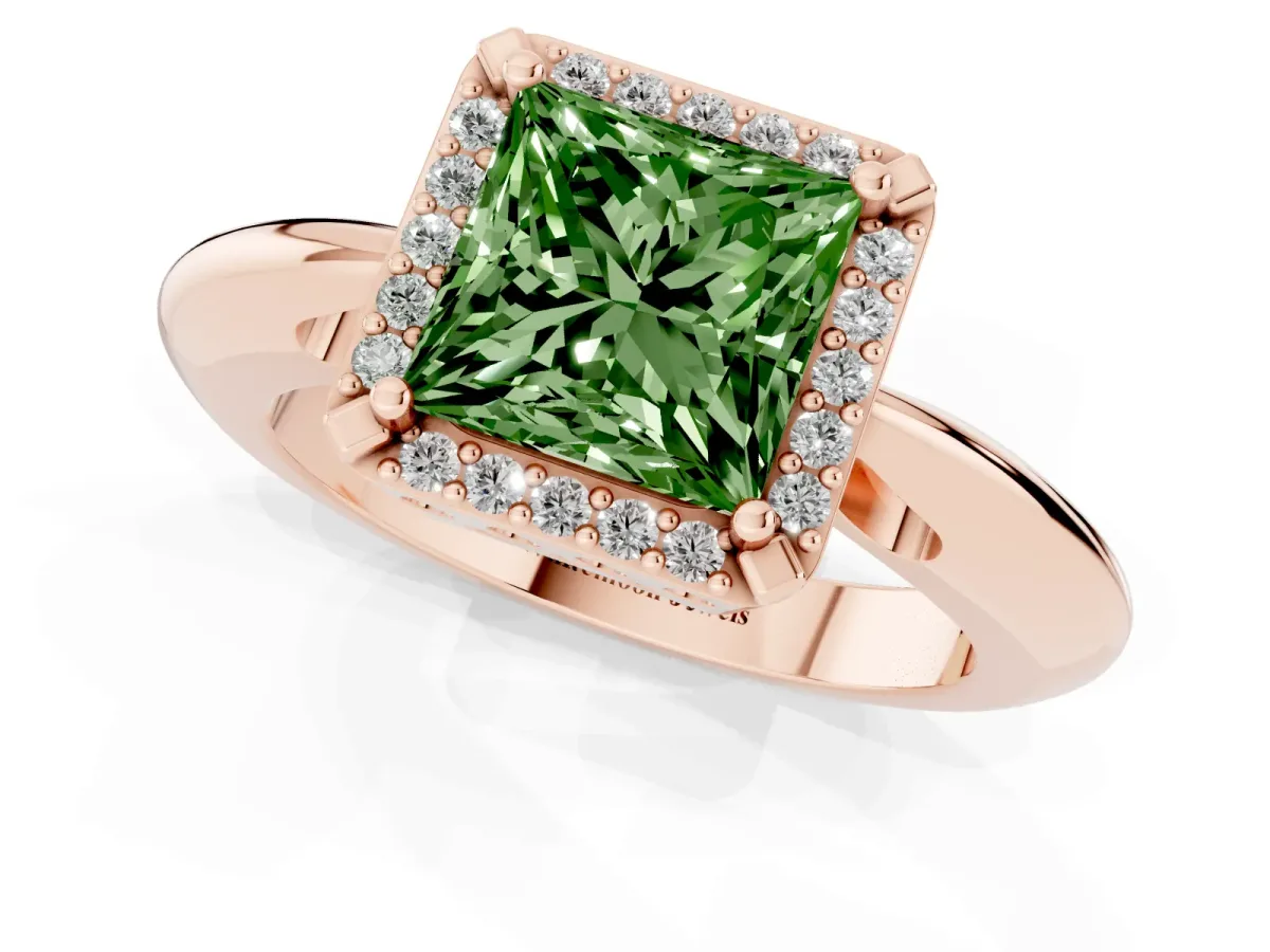 Fancy Green Princess Cut Cut Diamond Halo Engagement Ring with Split Shank and Four-Prong Setting Rose gold
