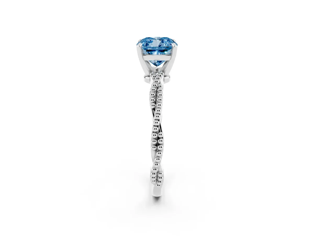 Fancy Blue Cushion Cut Solitaire Twisted Band with Bead Prong Setting Silver