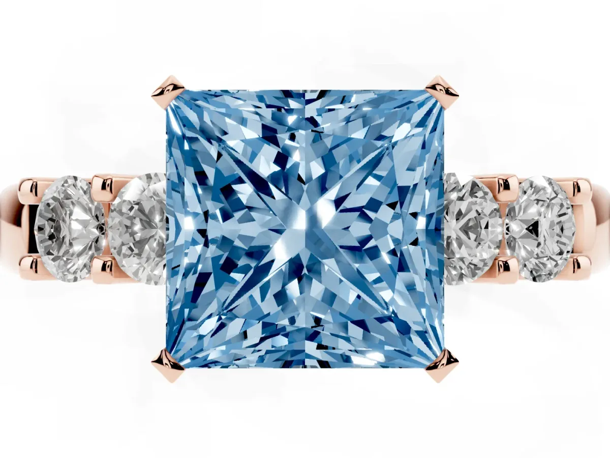 Fancy Blue Princess Cut Brilliant Cut Diamond Five-Stone Prong Set Engagement Ring with Channel Band Rose gold