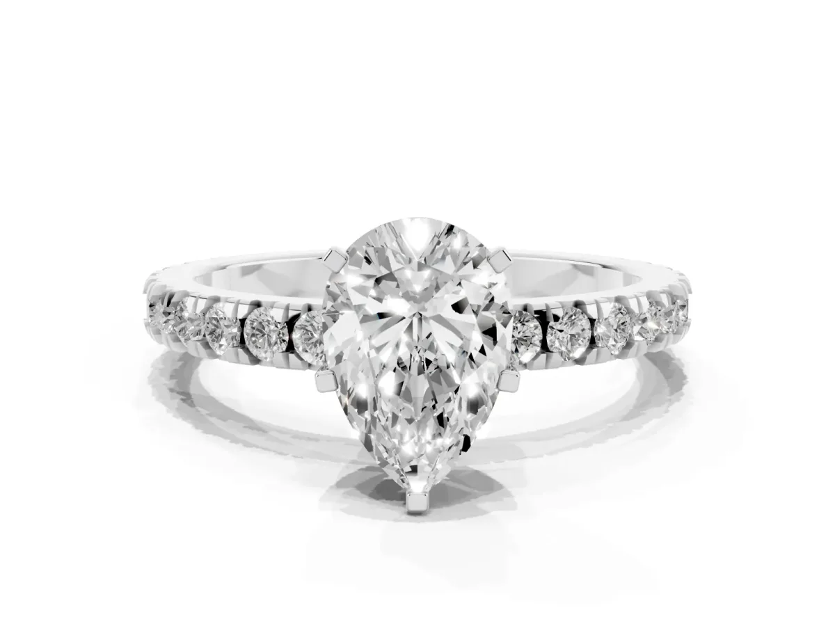 Pear Cut Diamond Pavé Band Solitaire with Four-Prong Setting Silver