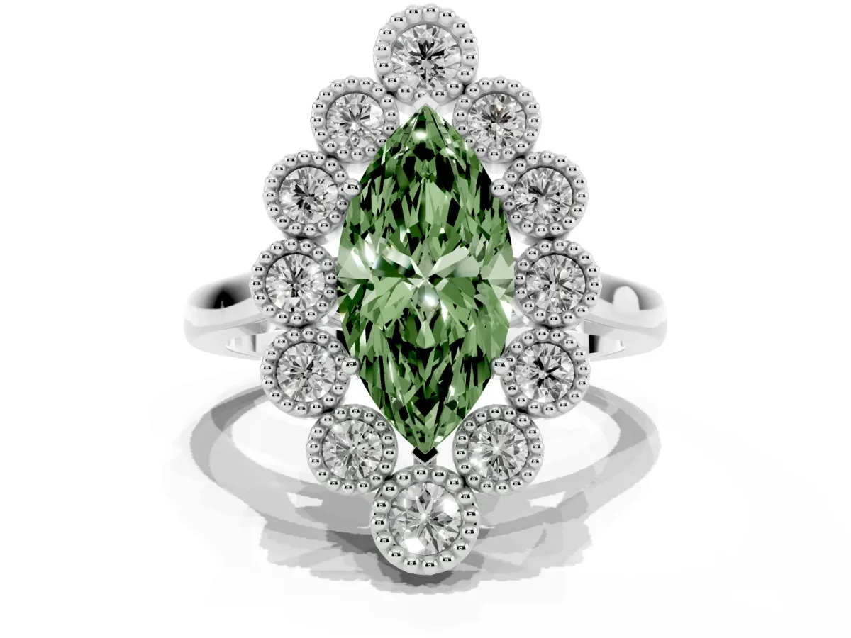 Fancy Green Marquise Cut Halo Diamond Cluster Engagement Ring with Milgrain Bezel Setting and Solitaire Band White gold