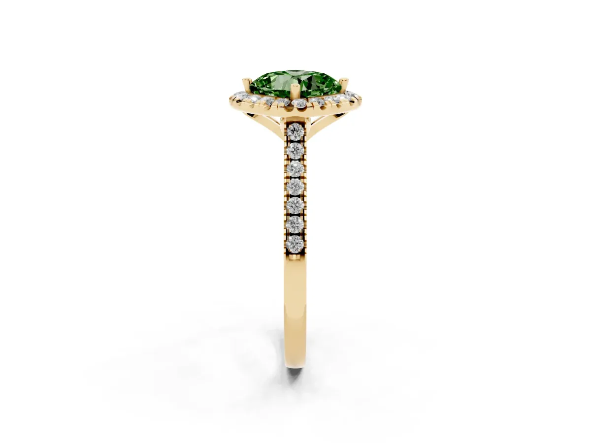 Fancy Green Cushion Cut Diamond Cushion Halo Ring with Pavé Band Yellow gold