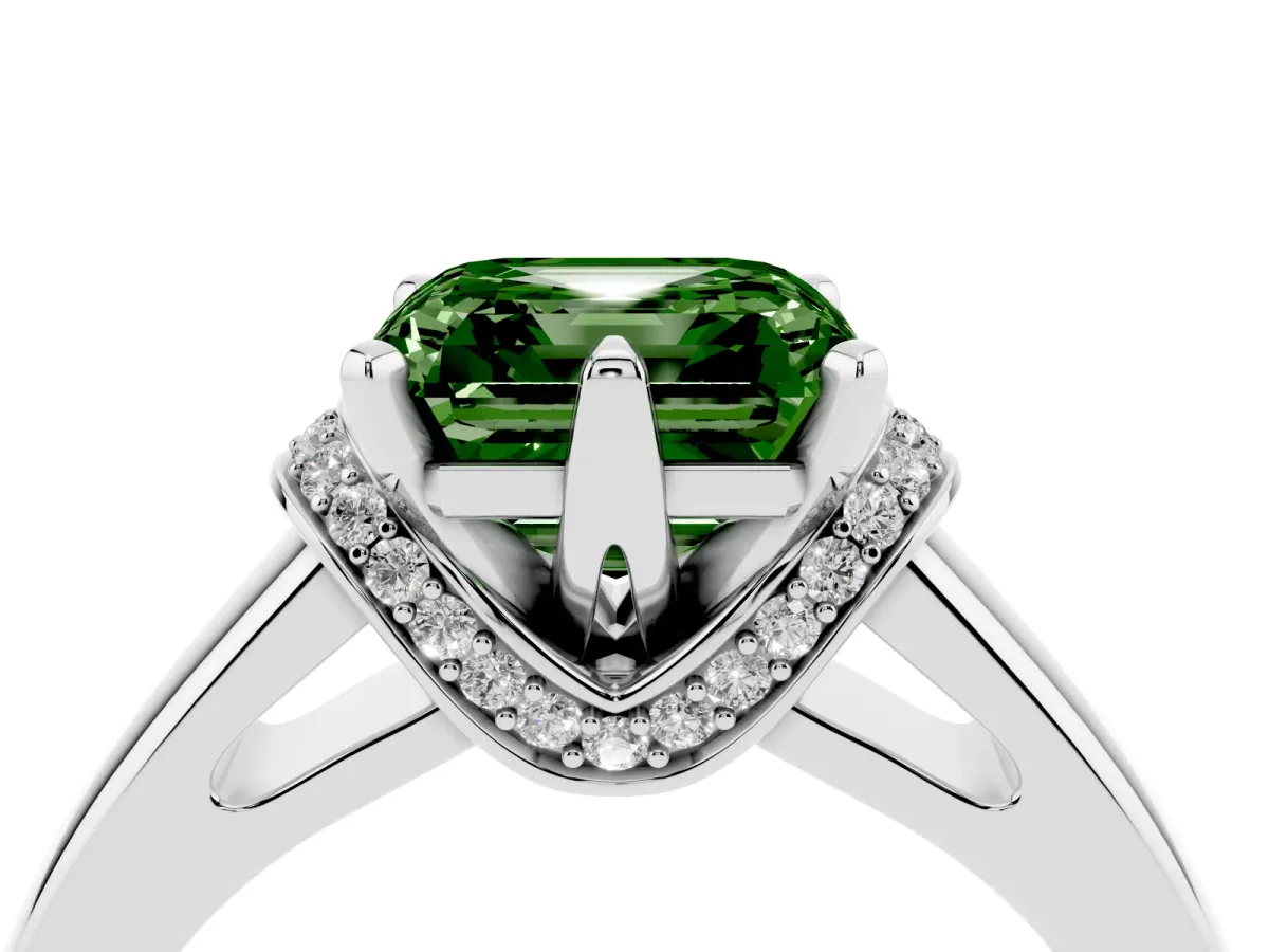 Fancy Green Asscher Cut Solitaire Diamond Ring with Pave Band and Six-Prong Setting Platinum