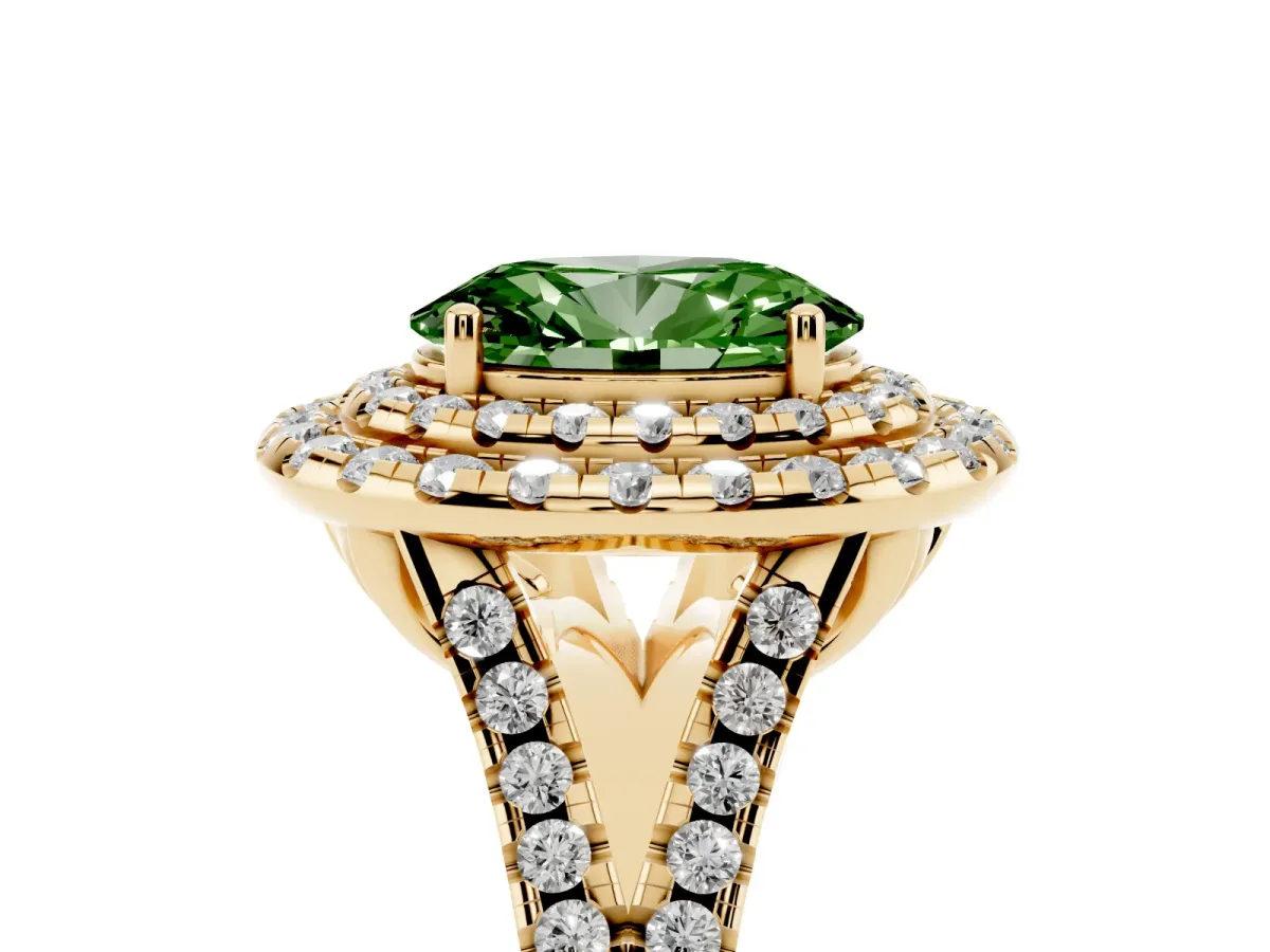 Fancy Green Double Halo Oval Cut Diamond Pavé Split Shank Ring with Prong Setting Yellow gold