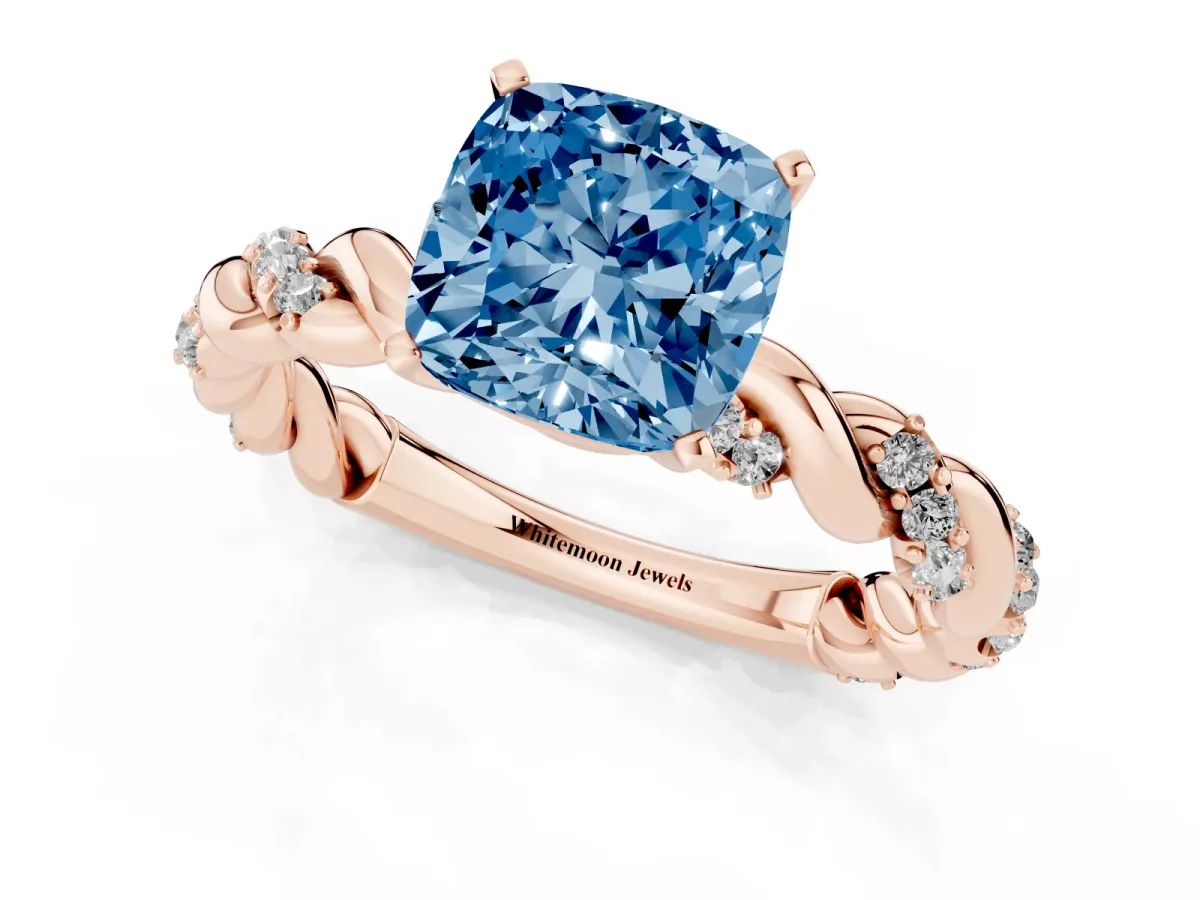Fancy Blue Cushion Cut Diamond Solitaire Ring with Twisted Band and Pavé Accents Rose gold