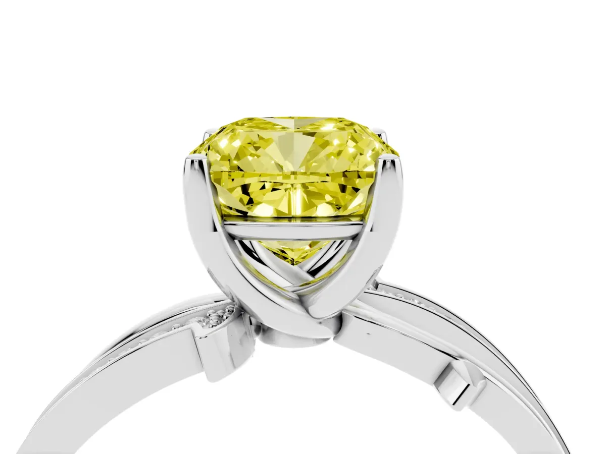 Fancy Yellow Cushion Cut Solitaire Twist Band with Pavé Accents and Four-Prong Setting Platinum