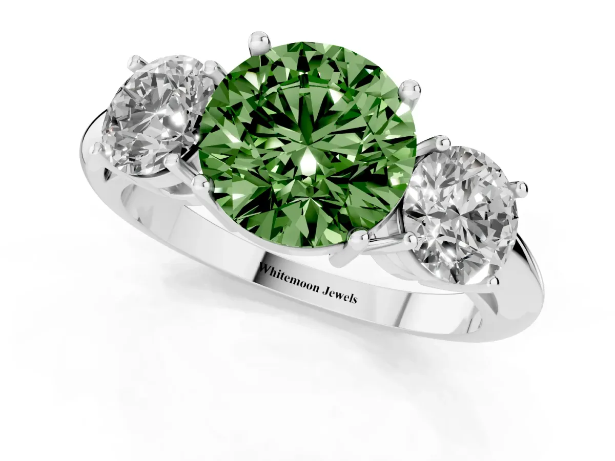 Fancy Green Three-Stone Round Cut Cut Diamond Engagement Ring with Prong Setting on a White Gold Band Silver