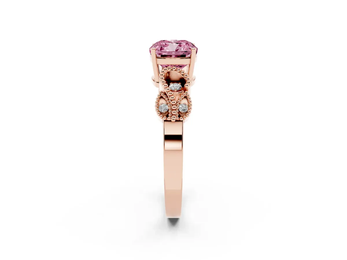 Fancy Pink Cushion Cut Solitaire Milgrain Leaf Band with Prong Setting Rose gold