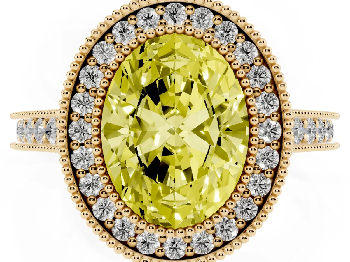 Fancy Yellow Halo Oval Cut-Cut Diamond Pave Band Milgrain Prong Setting Ring Yellow gold