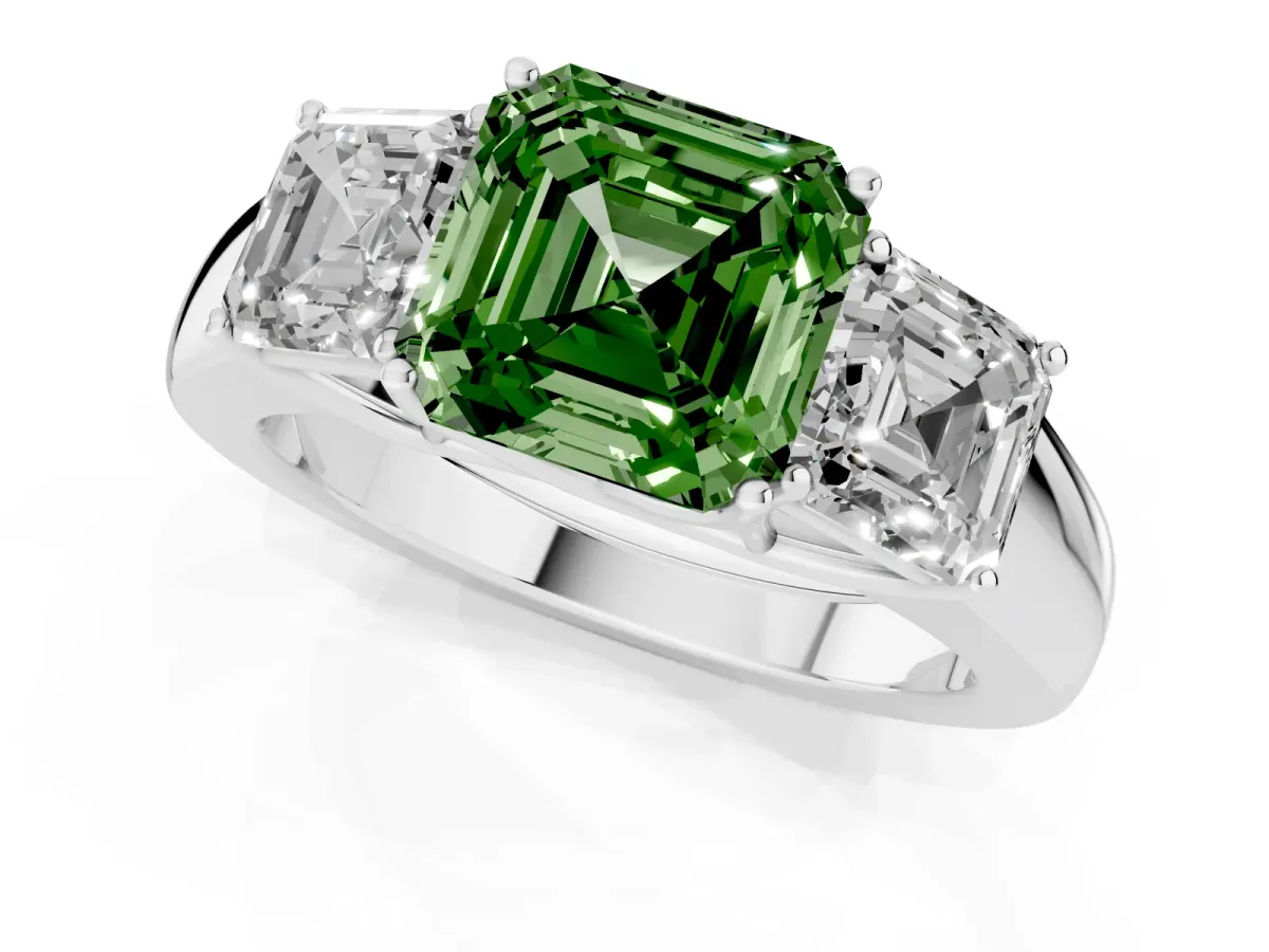 Fancy Green Three-Stone Asscher Cut Cut Diamond Ring with Prong Setting and Classic Band Silver